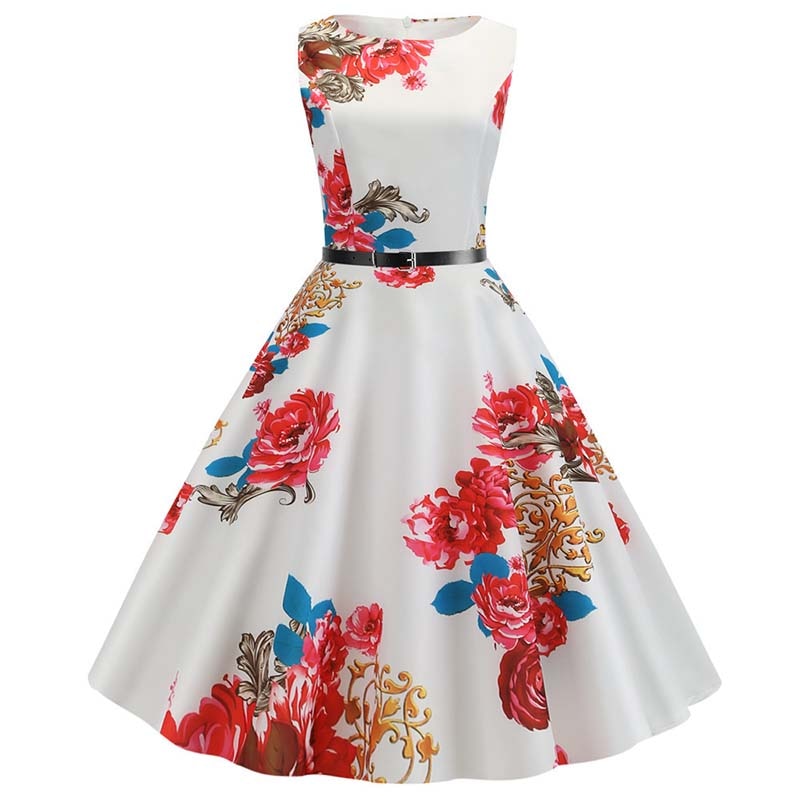 Floral Print Summer Dress Women Vintage Dresses Elegant Retro Party Tank Sleeveless Casual Office Dress