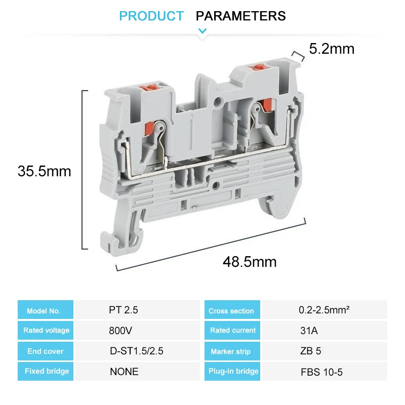 10Pcs PT 2.5 Push-in Terminal 2.5mm² Cable Electrical Connector DIN Rail Terminal Block Feed-Through Strip Plug PT2.5 PT-2.5