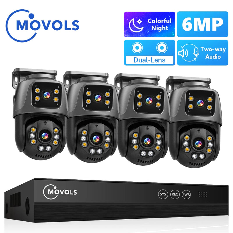 Movols 6MP XMEYE POE Surveillance System Dual Lens PTZ Two Way Audio POE Security Camera System 16CH NVR Video Surveillance Kit