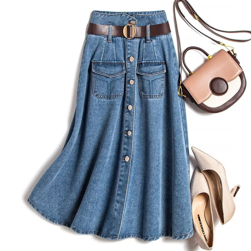 2023 Korean Style Spring-Summer New Type Skirt Women's Fashion Commuter Single-Breasted Belt Denim Skirt