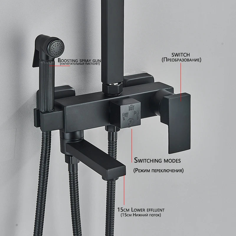 Black/Chrome ABS Shower Faucet Bathroom Shower Mixer Crane Rotatable 15CM Long Spout Rain Shower Set Shower Spray Shower