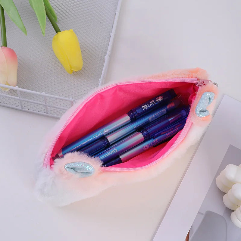 Cute Rainbow Gradient Color Cartoon Cat Plush Pen Bag Large Capacity Pencil Case Girl Stationery Storage Back To School Supplie