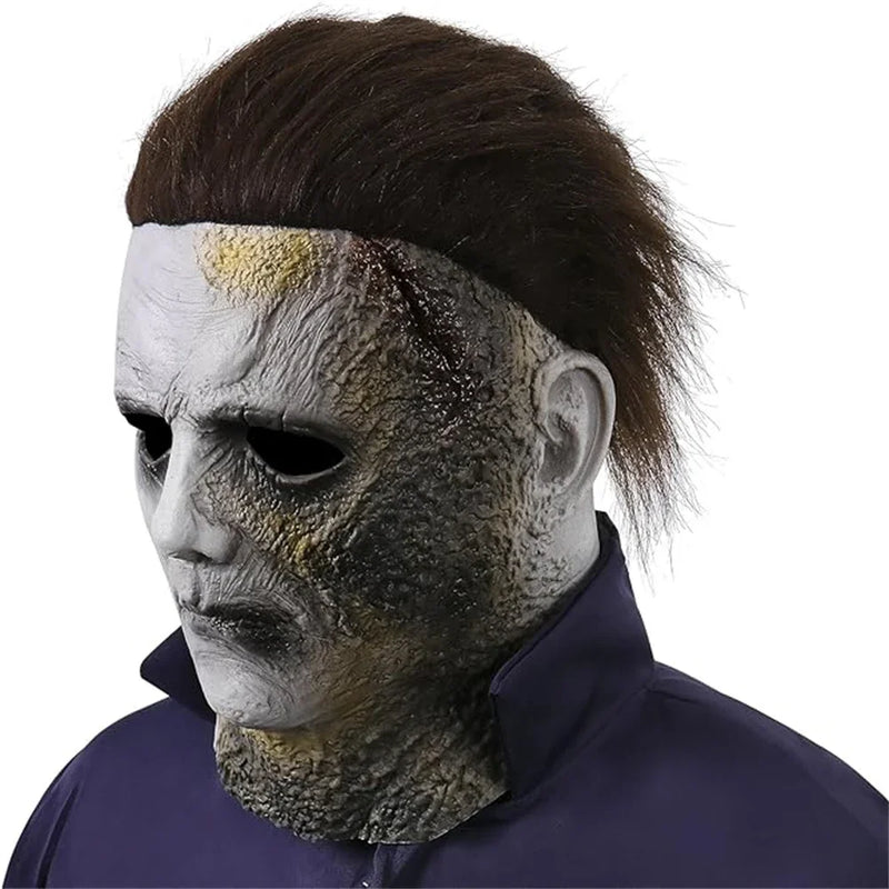 Halloween Michael Myers Mask Scary Killer Full Head Mask Creepy Fire Burn Scar Latex Face Mask Cosplay Costume Party Props Knife