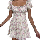 2024 New Summer Casual Off Shoulder Tie Up Floral Print A-Line Dress Sexy Women Short Sleeve Slim Mini Dress for Club Party