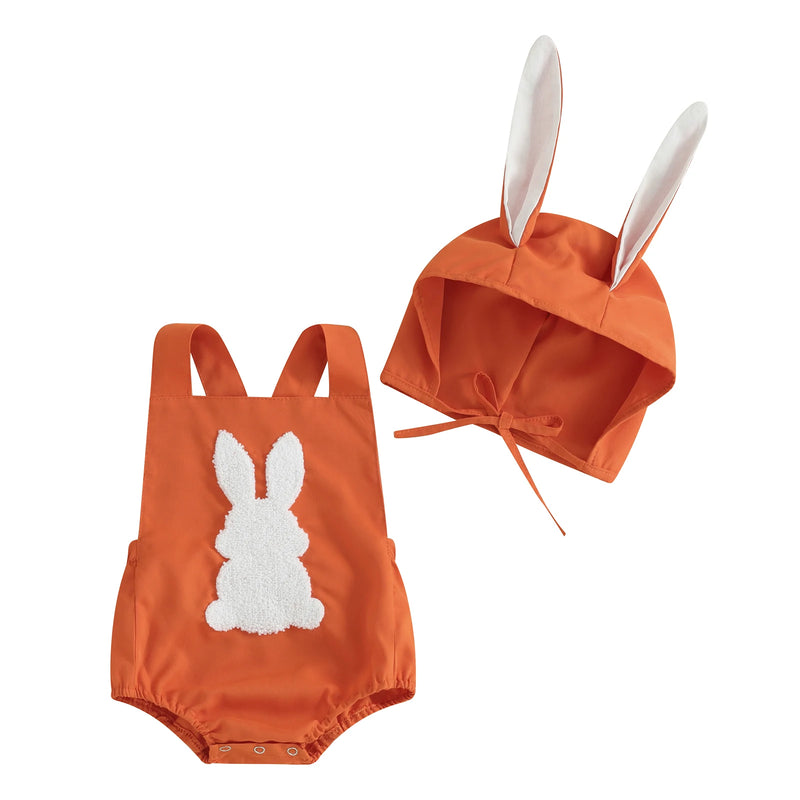 Infant Baby Girl Boy Easter Outfits Fuzzy Embroidery Sleeveless Romper with Bunny Ears Hat Set Toddlers Summer Clothes Sets