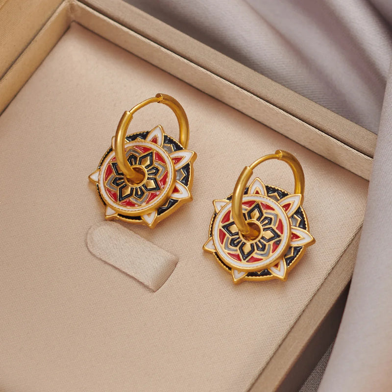 Ethnic Chinese Colorful Enamel Earrings for Women Retro Design Gold Plated Flower Shaped Multiple Wear Ways Luxury Jewelry Gifts