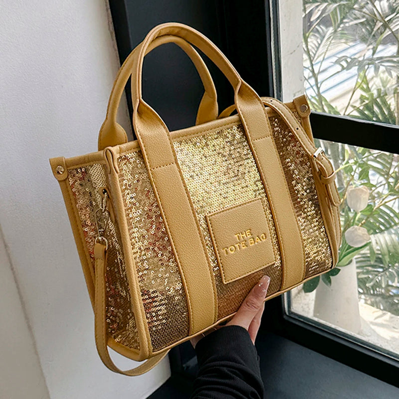 Women Party Tote Bag PU Leather Sequins Top-Handle Bags Casual Fashion Shiny Portable Adjustable Straps Shopper Tote Purse