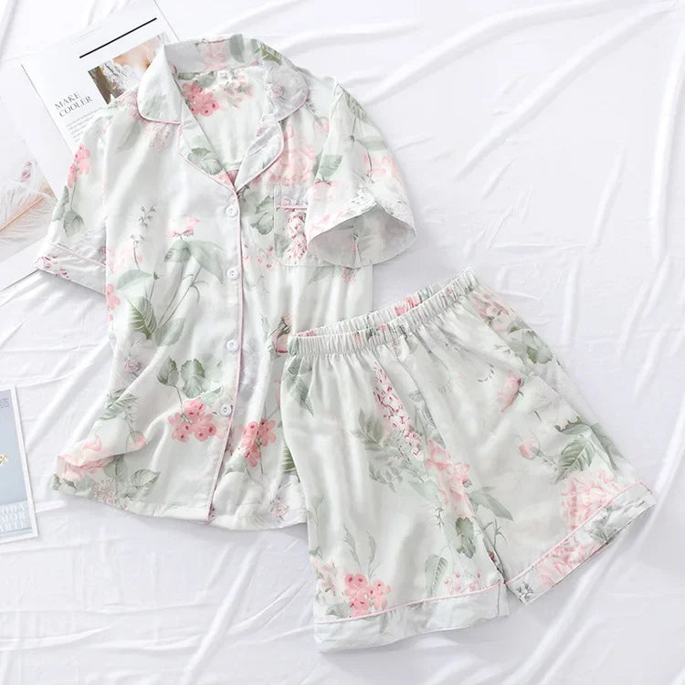 Summer new ladies pajamas suit viscose buckle comfortable man-made cotton short-sleeved shorts two-piece home service set women