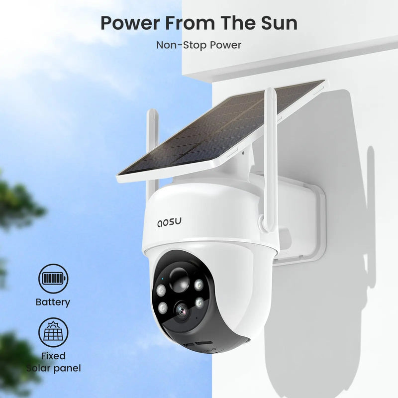 AOSU 3MP Solar Battery Camera System 4 Cams Kit Wireless 360° PTZ Surveillance Wifi Camera Set Include Home Base Support Alex