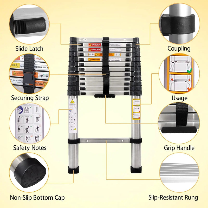 3.8M Telescopic Ladder 12.5FT Multi-Purpose Stainless Steel Extendable Sturdy Loft EN131 for Draw Wall Replace Bulb Repair Roof