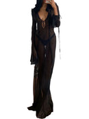 Women Y2k Sexy Sheer Mesh See Through Long Dress Gothtic Long Sleeve Bodycon Dress V Neck Tie Front Side Split Dress