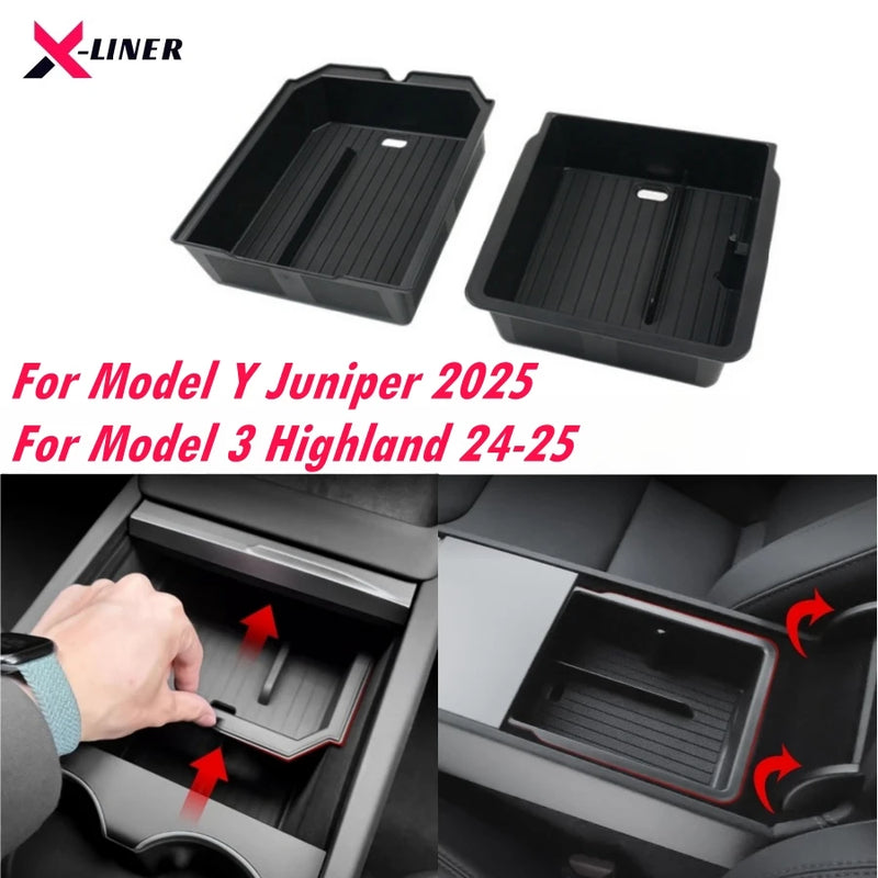 For Tesla Model Y Juniper 2025 & Model 3 Highland 2024 2025 ABS Center Console Organizer Tray Armrest Storage Box Accessories