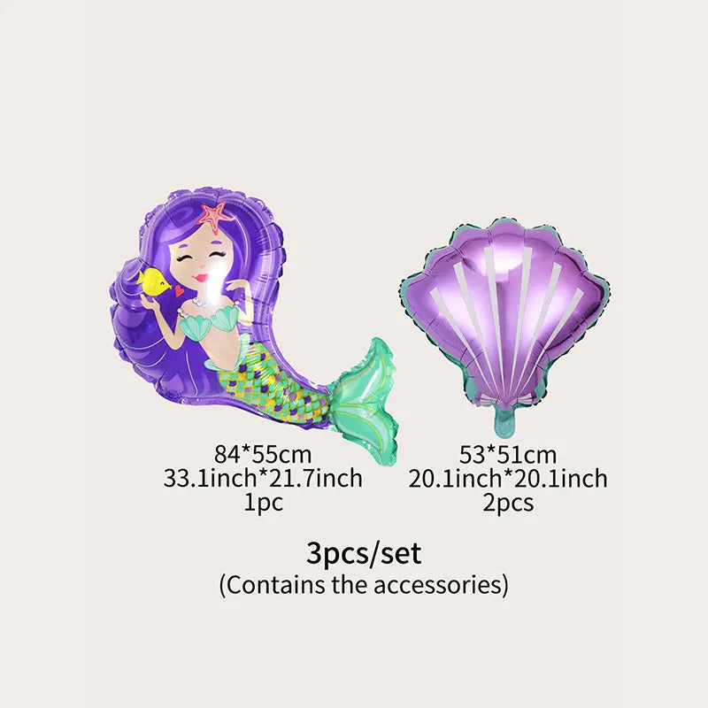 3PCS Purple Mermaid Princess Balloon Set Aluminum Film Shell Balloon Under The Sea Mermaid Baby Shower Wedding Decoration