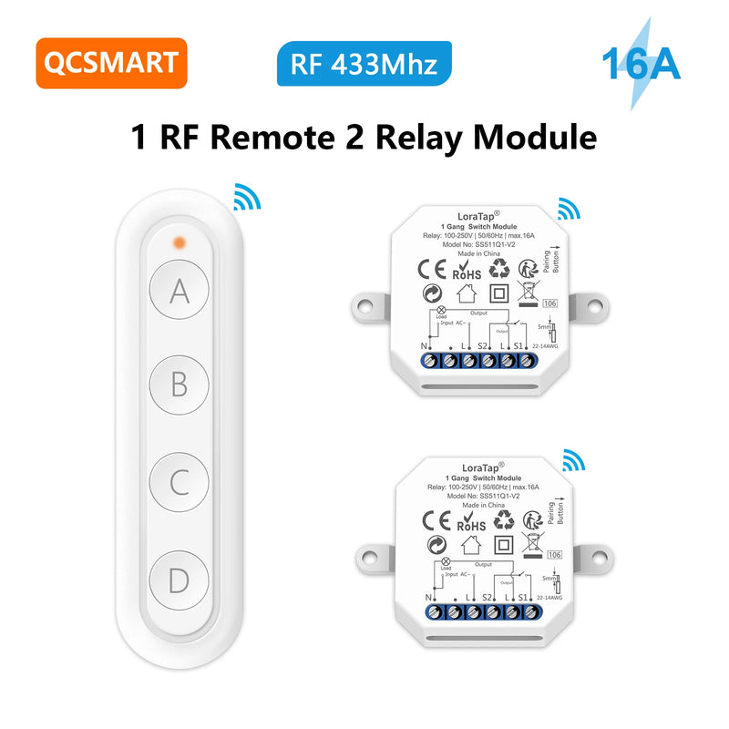 QCSMART Wireless RF 433Mhz 110-220V 16A Light Swich Relay Module Small Device with 4 Button Remote Controller