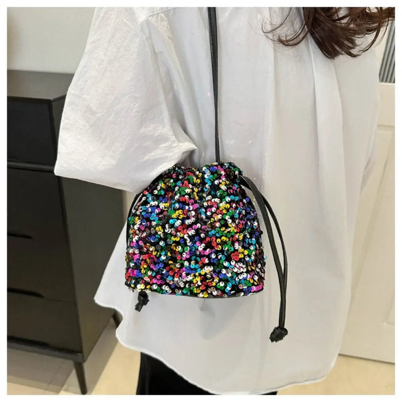 Creative Multicolor Sequin Shoulder Bag Fashion Versatile Handbag Drawstring Bucket Bag Large Capacity Wallet Purse