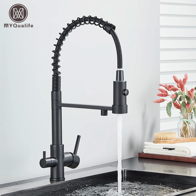 Matte Black Filtered Kitchen Faucet Pure Water Kitchen Faucet Dual Handle Hot&Cold Drinking Water Purified Kitchen Mixer Taps