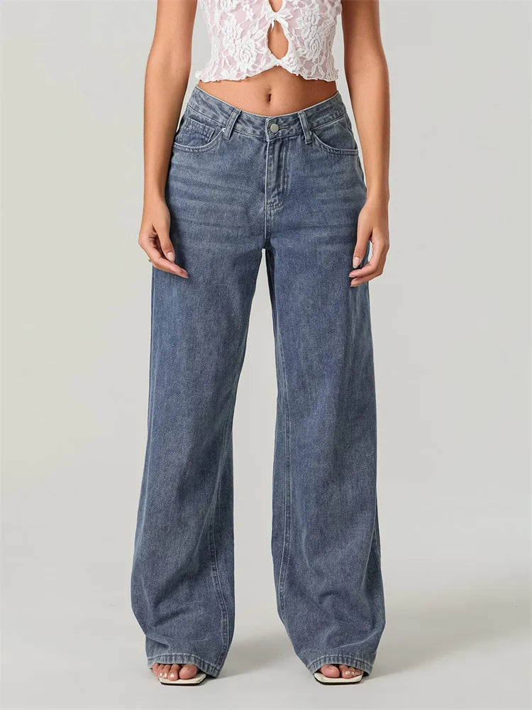 Women Fashion Jeans Star Pattern Loose Denim Pants Spring Fall Casual Low Waist Trousers Wide Leg Pants