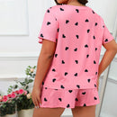 Plus Size XL-5XL Oversized Sleepwear Round Neck Women's Pajamas Sets Short Sleeve T-Shirt Shorts Pink Heart Print Loungwear 2PC
