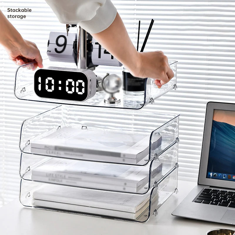 File Organizer A4 File Storage Tray Fashion Papers Rack Desktop Organizer Stackable File Rack Transparent Book Shelf Magazine