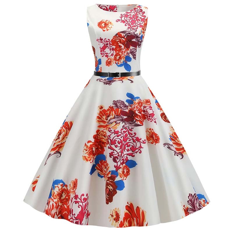 Floral Print Summer Dress Women Vintage Dresses Elegant Retro Party Tank Sleeveless Casual Office Dress