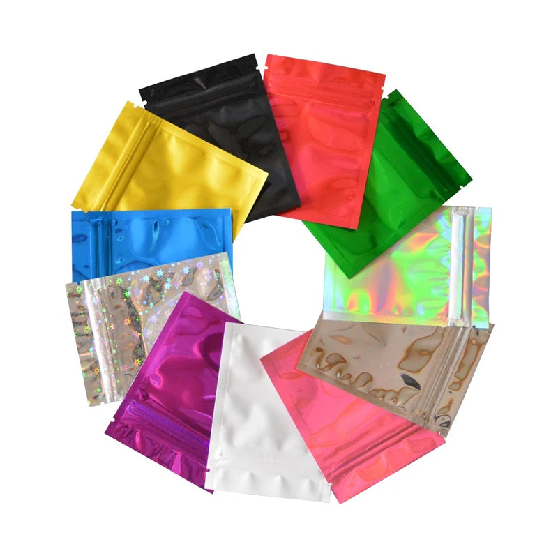 100 Pcs Colorful Top Feed Foil Zip Lock Bags Food Pouch,Mylar Aluminum Foil Bags,Tea Pouches,Food Storge Bag