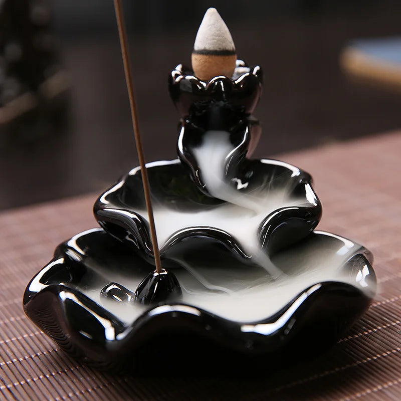 Black Backflow Incense Burner Lotus Fish Ceramics Sandalwood Incense Sticks Holder Small Home Decor Ornaments