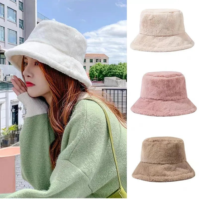 Faux Fur Fluffy Bucket Hats Woman Men Autumn Outdoor Warm Soft Winter Hat Velvet Casual Fisherman Hat Fashion Panama Cap 2023