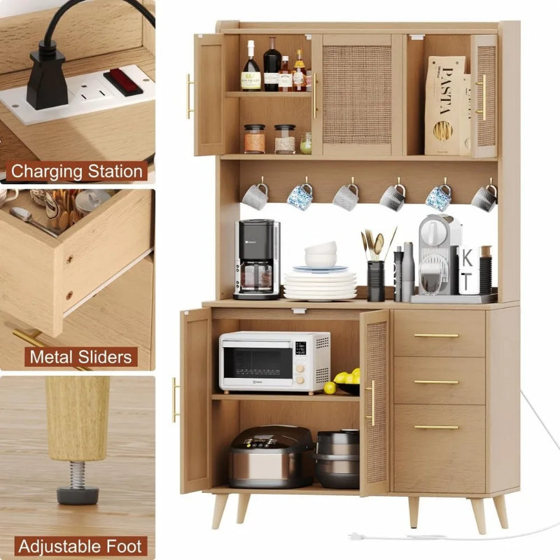 Kitchen Pantry Cabinet with Microwave Shelf, Rattan Kitchen Hutch Cabinet with Charging Station