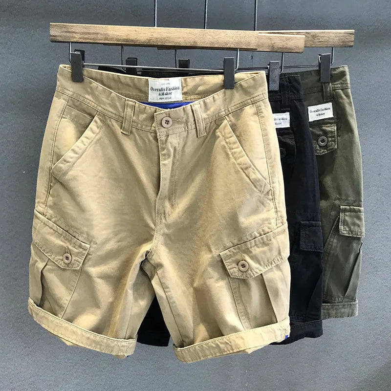 Heavyweight Washed Fabric Army Green Multi-pocket Overalls Men's Loose Straight Casual Shorts Outdoor Trekking Tooling Clothes