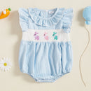 0-18M Baby Girl Easter Romper Short Sleeve Ruffle Collar Bunny Embroidery Smocked Bodysuit Newborn Outfit