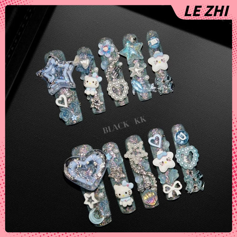 10Pcs Y2K Spicy Girl Long Coffin Handmade Press On Nails 3D Sanrio Hello Kitty Bear Pearl Diamond Pentagram Wearable False Nail