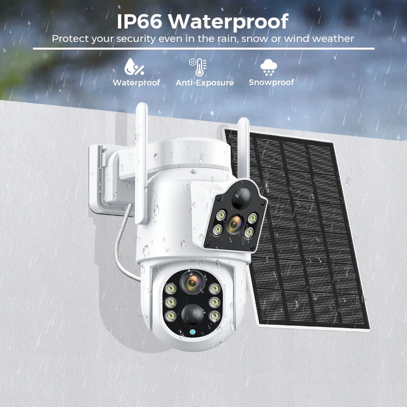 Solar IP Camera WiFi Outdoor Dual Lens PTZ Security Camera 4MP HD Built in Battery Solar Panel Wireless Camera PIR Alarm iCsee