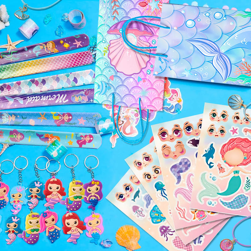 84pcs Mermaid Party Favors for Boys and Girls with Mermaid Birthday Rings Keychain Slap Bracelets Bags Hair Clips Necklace etc