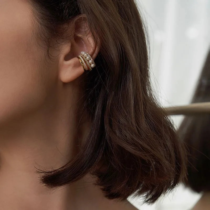 Pearl Zircon Ear Cuff Ear Clip C Shape Punk Metal Clip Earrings for Women Without Piercing Cartilage Ear Clip Wedding Jewelry