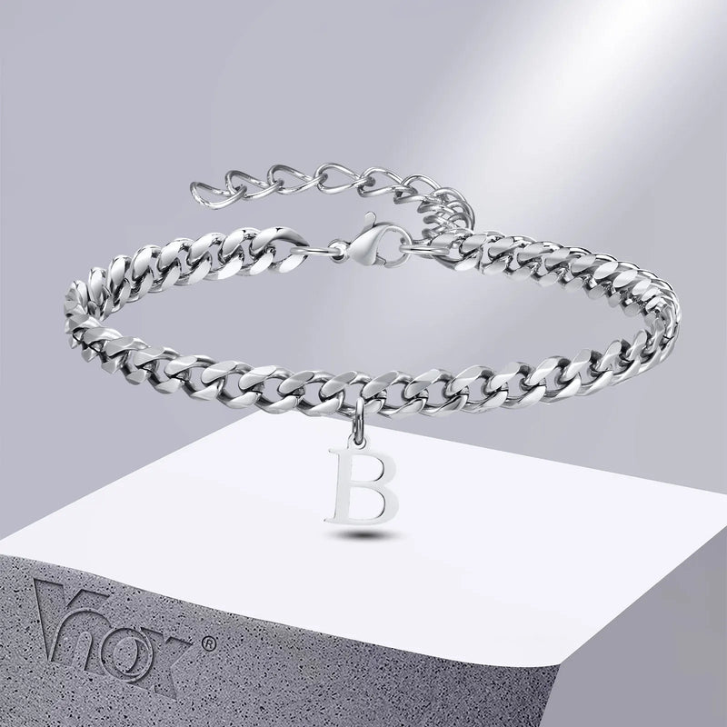 Vnox A-Z Initial Bracelets for Men Women, Never Fade Silver Color Stainless Steel Cuban Chain Bracelet with 26 Letter Alphabet