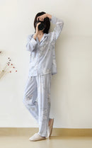 Japanese style new spring and summer women's pajamas Viscose fiber silk long-sleeved trousers suit flower printing home service