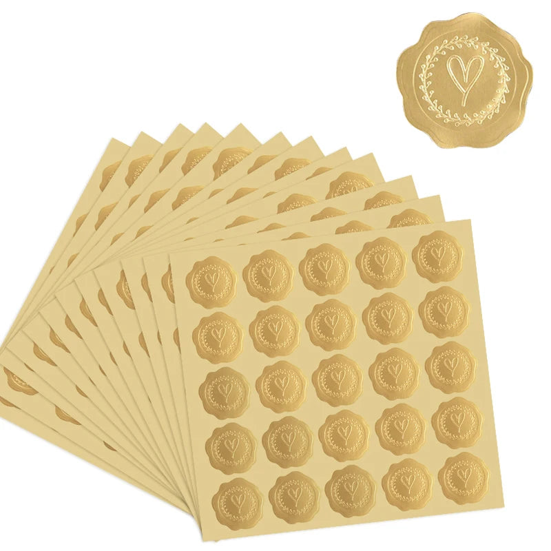 100-200pcs Gold Embossed Heart Stickers Envelope Seal Wax Looking Labels Wedding Party Invitation Card Christmas Gift Decoration