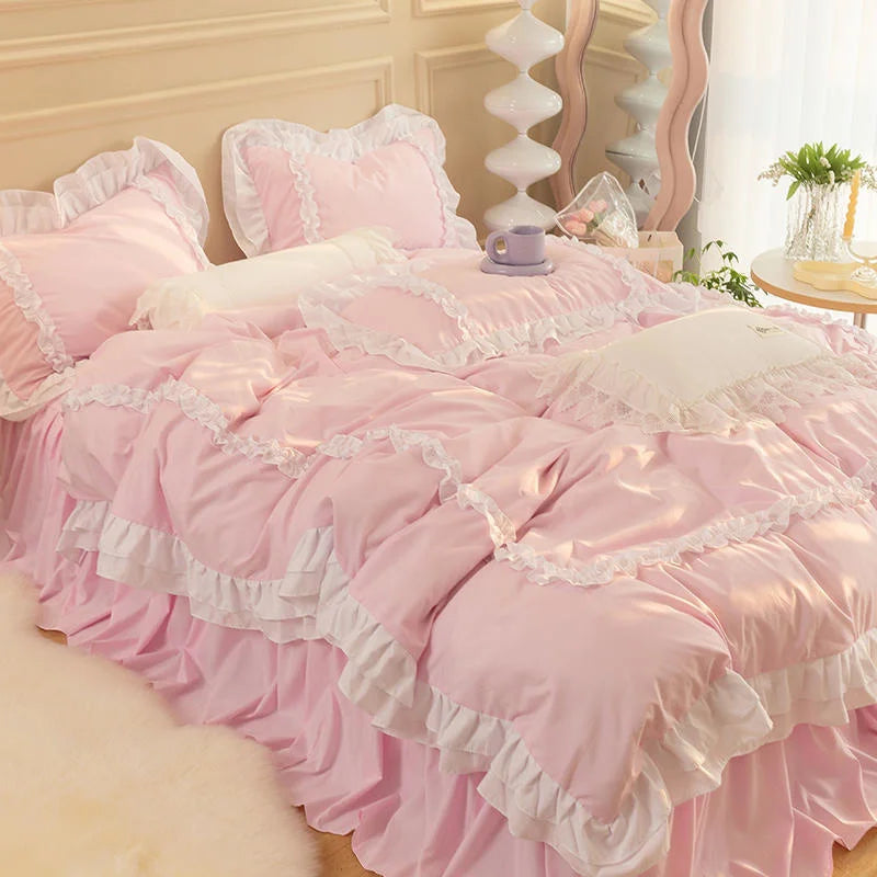 Korean Ins Bedding Set, Luxury Quilt Cover, Pillowcase Flat Bed Sheets, Simple Girl Princess Ruffle Home Textiles