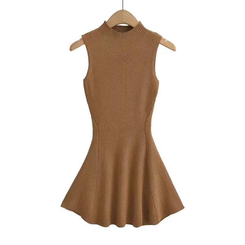 Summer autumn Women Sexy Knitted A-line mini Dress Standing collar sleeveless solid slim Short Dresses woman sexy Tank top dress