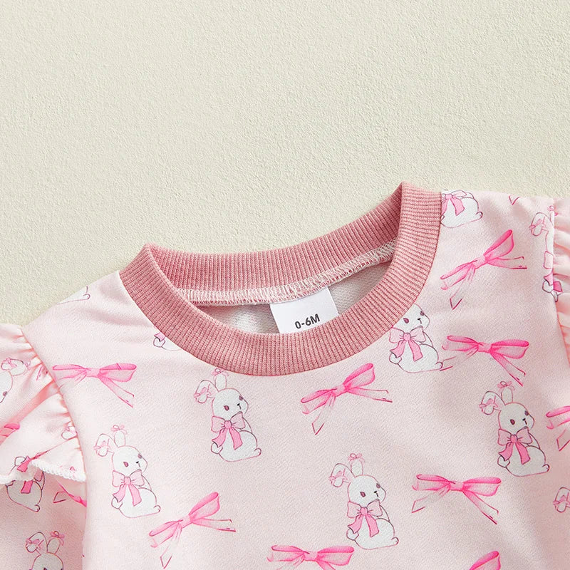 Adorable Baby Girl Easter Outfit Pink Floral Print Ruffle Sleeve Top Bowknot Elastic Waist Pants 2 Piece Set