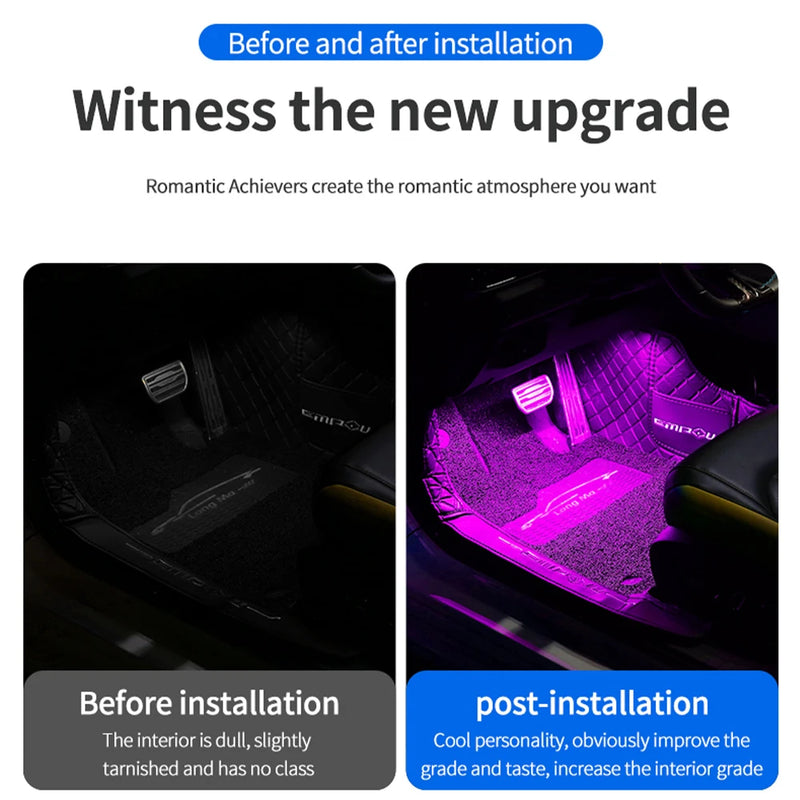 Car environment  decorative lights Auto Interior Ambient Lamps with APP control 4PCS Car Atmosphere Led Foot Light USB Lighter