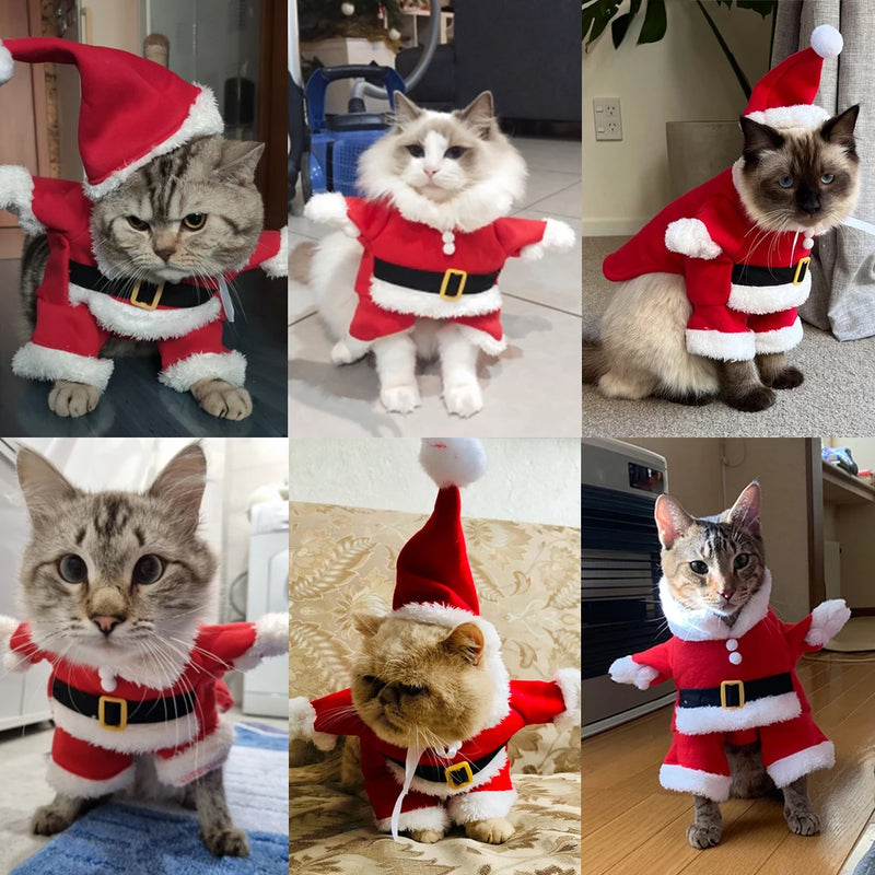 Cat Christmas Costume Clothes Winter Hooded Jacket Puppy Coat Santa Outfits Pet Kitty Xmas New Year Dressing Up Party Gift