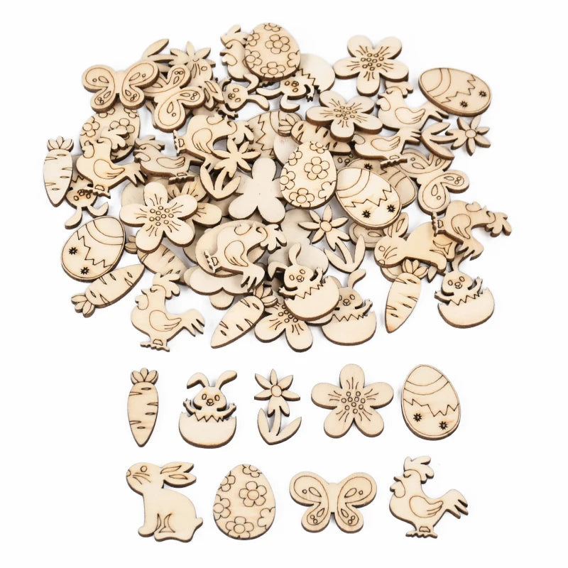 50pcs Easter Wooden Confetti Rabbit Carrot Eggs Kids Painting DIY Crafts Wood Slice 2025 Spring Easter Party Decoration For Home