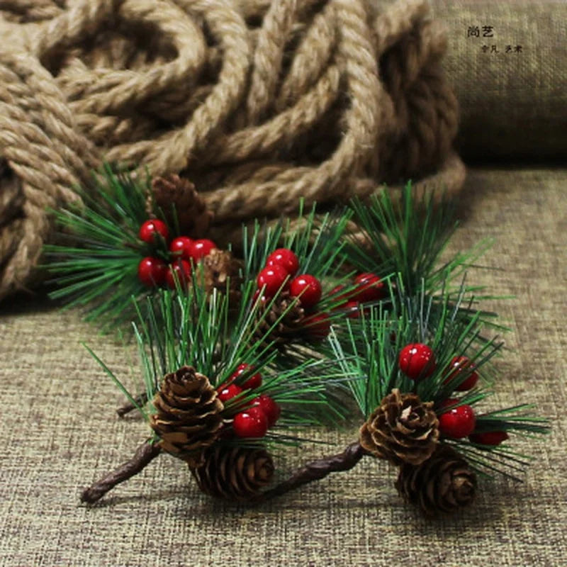 10PC/set Artificial Flower Red Christmas Berry and Pine Cone with Holly Branches Decoration for Home Floral Decor Flower Crafts