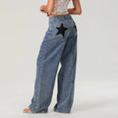 Women Fashion Jeans Star Pattern Loose Denim Pants Spring Fall Casual Low Waist Trousers Wide Leg Pants