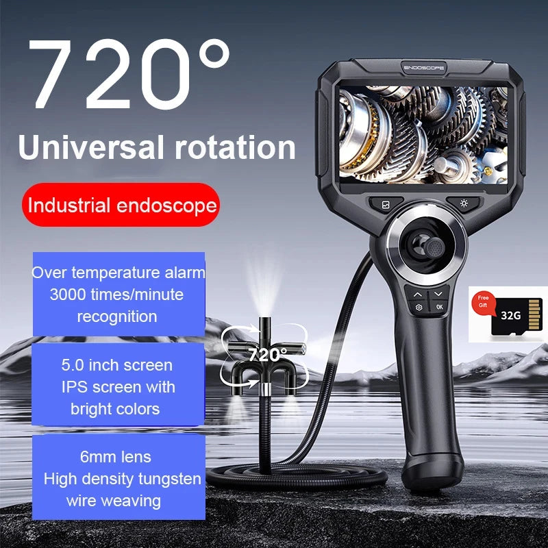 6mm 720 Degrees All Way Steering Industrial Endoscope for Car Pipe Inspection Sewer Camera Borescope With 5 Inch HD Scree