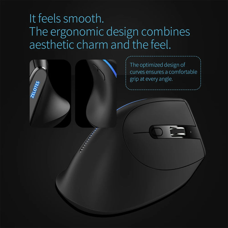 ZELOTES F-36A Ergonomic Vertical Mouse 6 Buttons Wireless Rechargeable Mice 2400 DPI Adjustable Computer PC Gaming Mouse