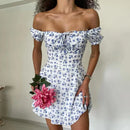 2024 New Summer Casual Off Shoulder Tie Up Floral Print A-Line Dress Sexy Women Short Sleeve Slim Mini Dress for Club Party
