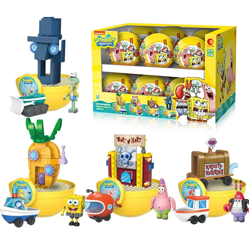 SpongeBob SquarePants Building Blocks Big Twisted Eggs Blind Box  Patrick Octopus King Krabs Car Boat Plug and Play Kids' Gift