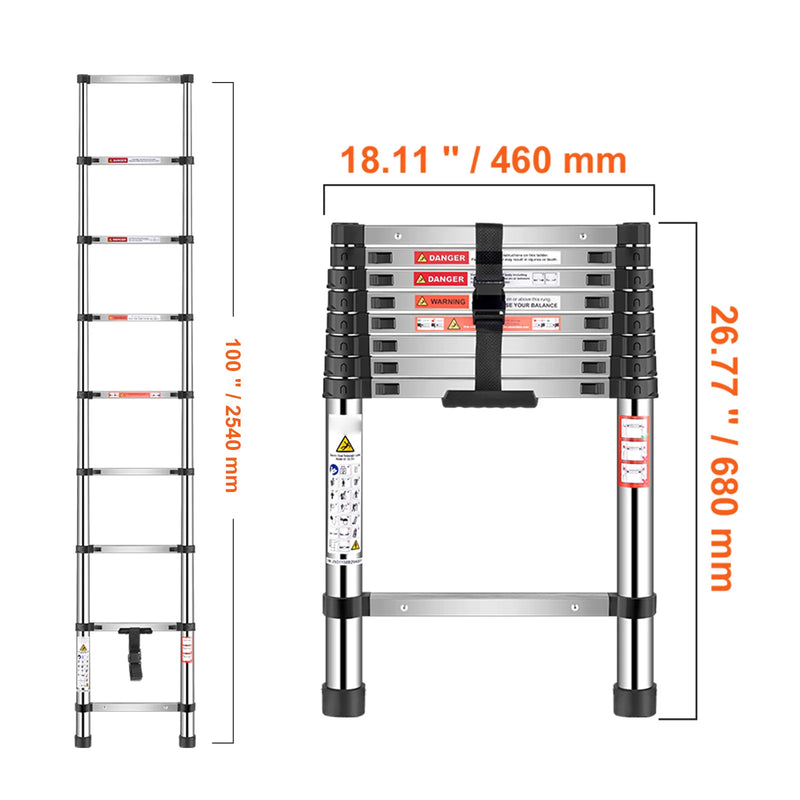 VEVOR Telescoping Ladder Stainless Steel Extension Multi-Button Retraction Collapsible Ladders 375LBS Capacity & Non-Slip Feet